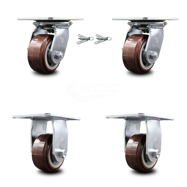 4 Inch Polyurethane Caster Set with Ball Bearing 2 Swivel Lock and 2 Rigid SCC